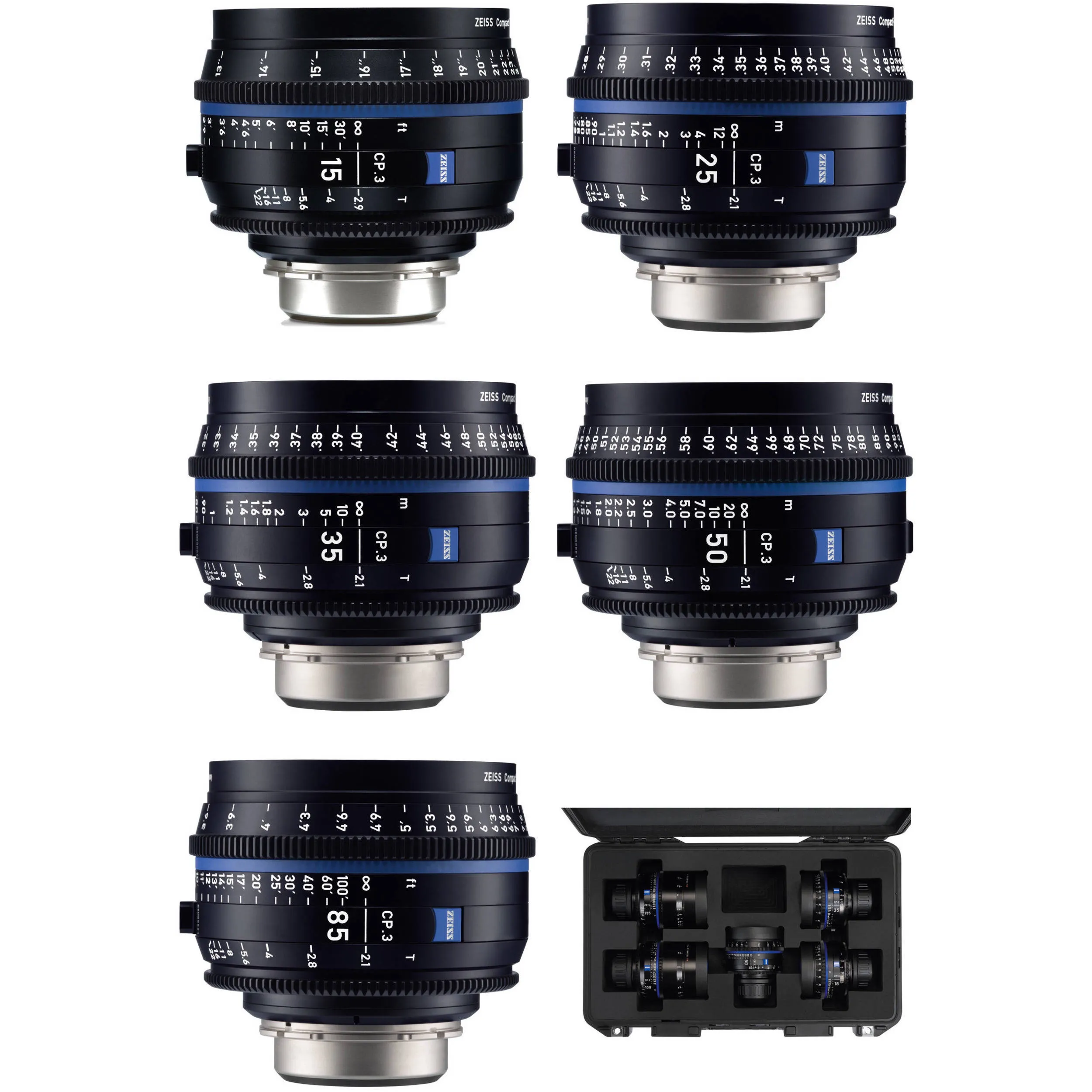 Kit de Lentes Zeiss CP.3 (15mm T2.9, 25mm T2.1, 35mm T2.1, 50mm T2.1 e 85mm T2.1) bocal PL, Feet
