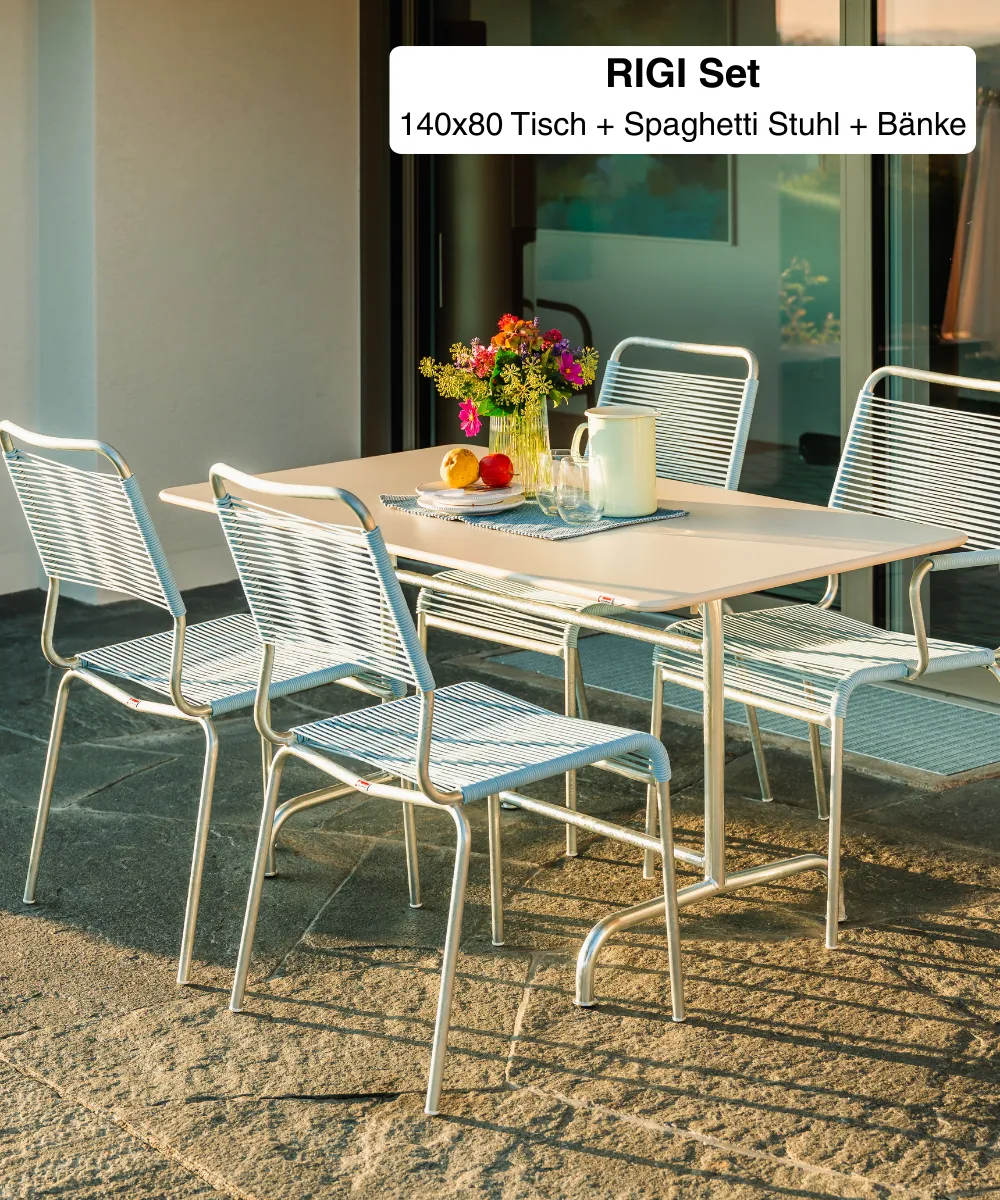 RIGI 140x80 + Spaghetti Comfort Stühle + Bänke