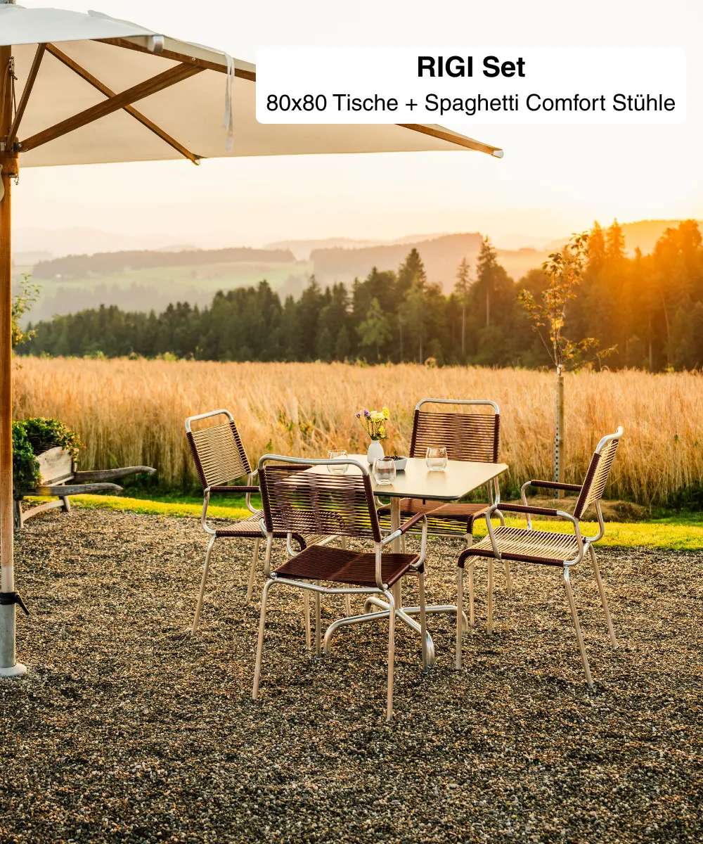 RIGI 80x80 + Spaghetti Comfort Stühle