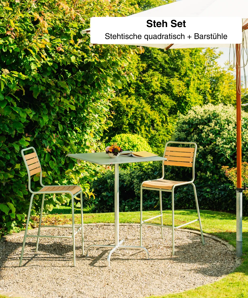Stehtische quadratisch + Barstühle