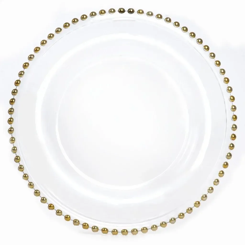 13" Glass Charger - Clear with Gold Beaded Rim