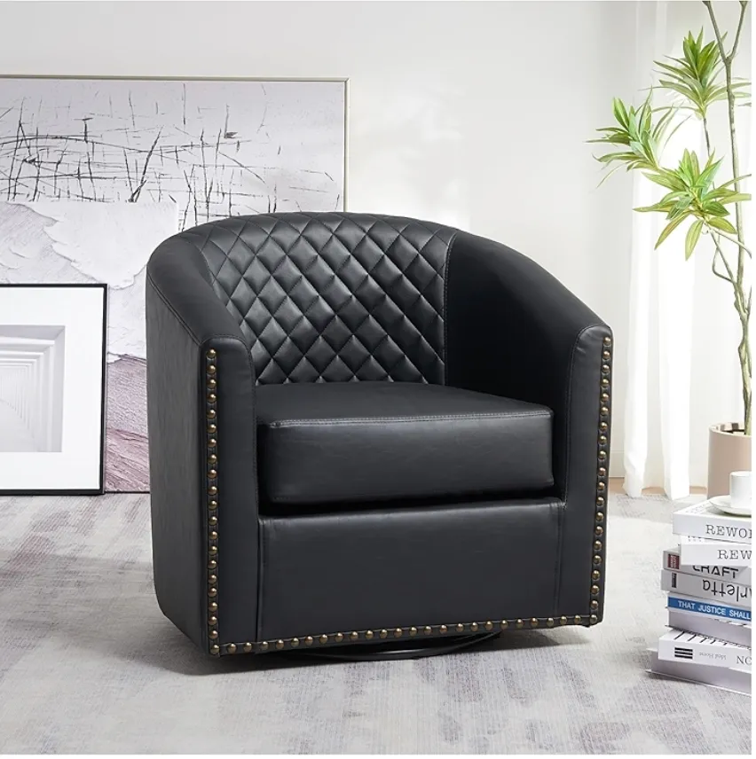 Black Tufted  Leather Swivel Barrel Chair