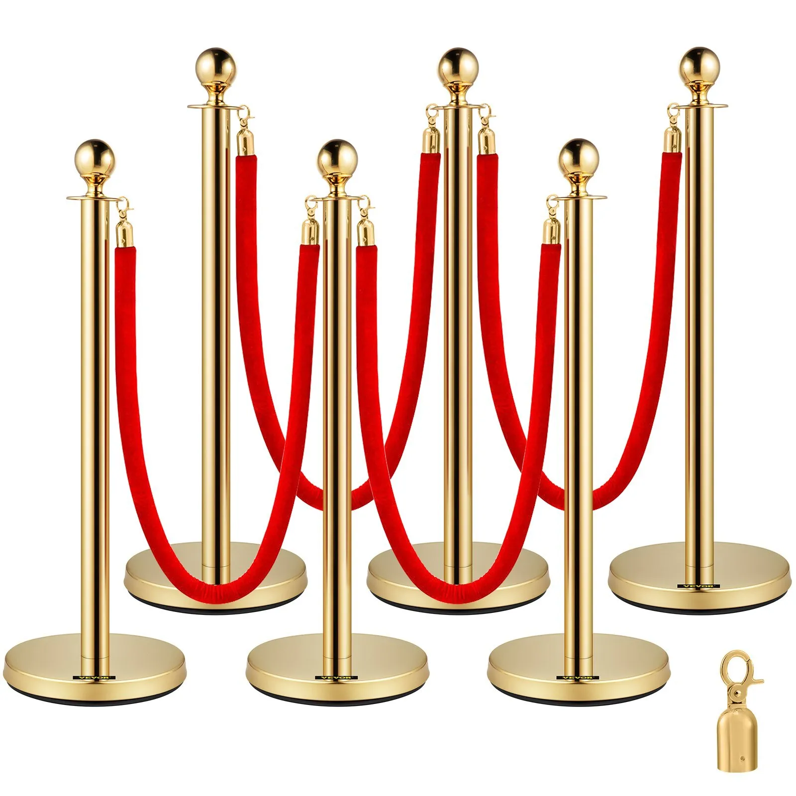 Six Piece Gold Post Velvet Red Rope Stanchions Queue