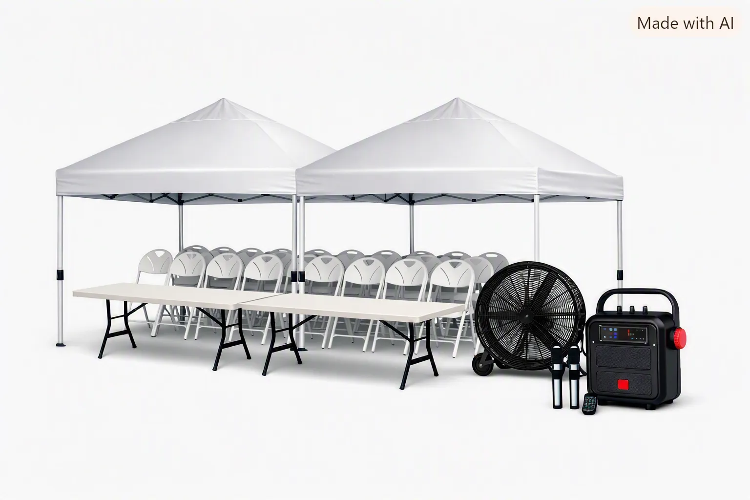 Essentials Outdoor Event Package: Tents, Chairs, Fan, and Bluetooth Speaker w/ Microphones