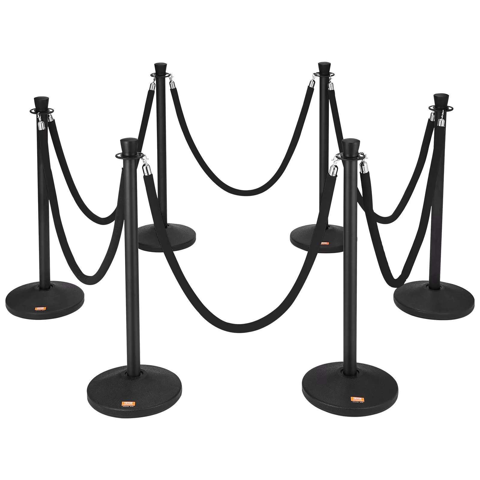 Six Piece Black Post Velvet Black Rope Stanchions Queue