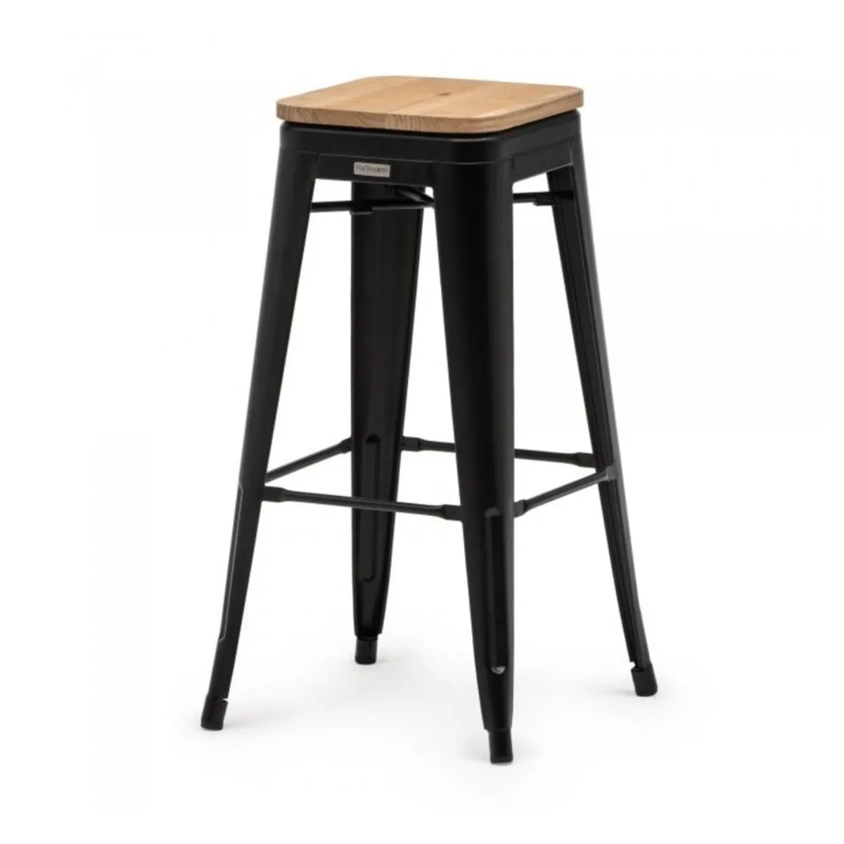 Bartstoel "Industry" zwart met houten zitting.