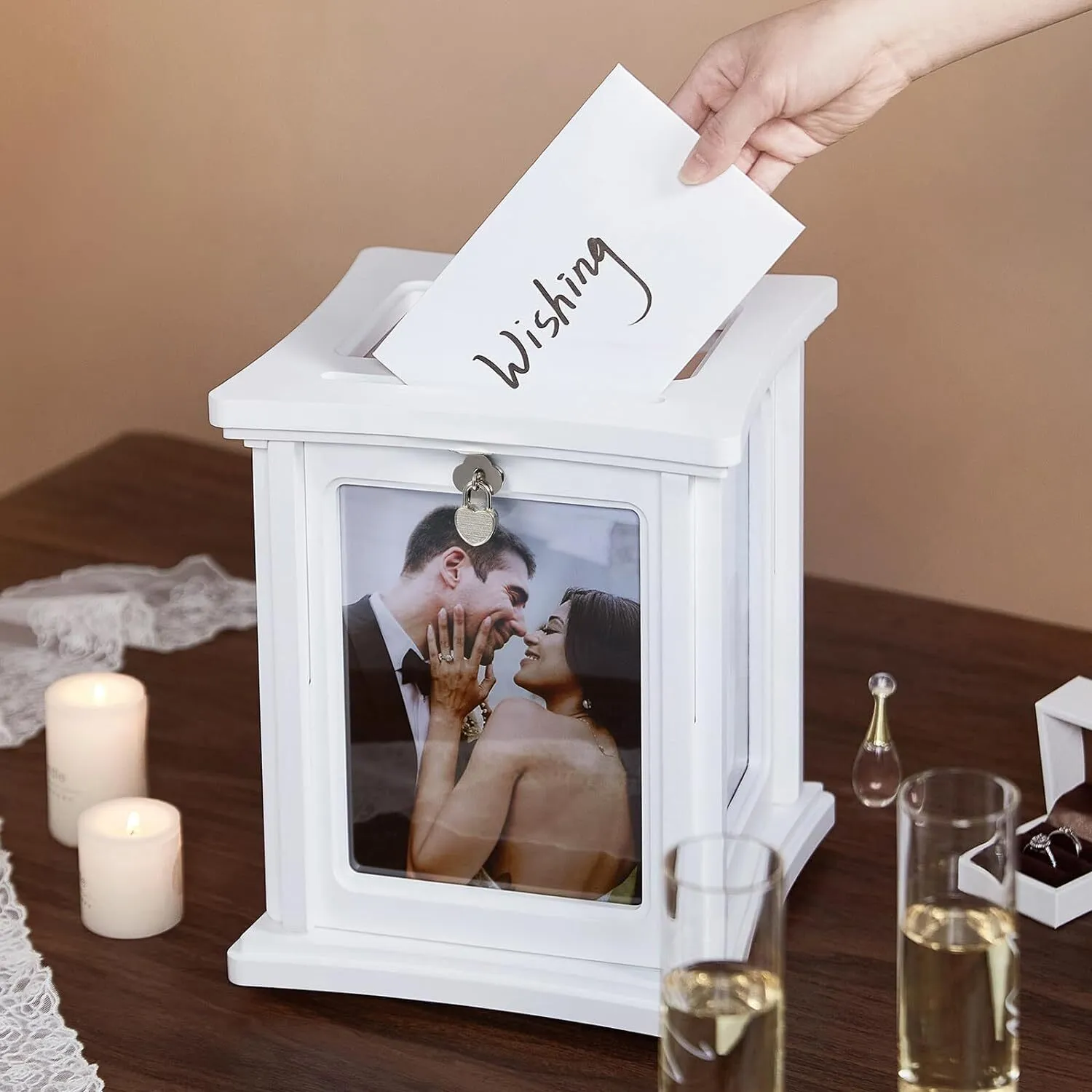 white wedding card holder w/picture frame