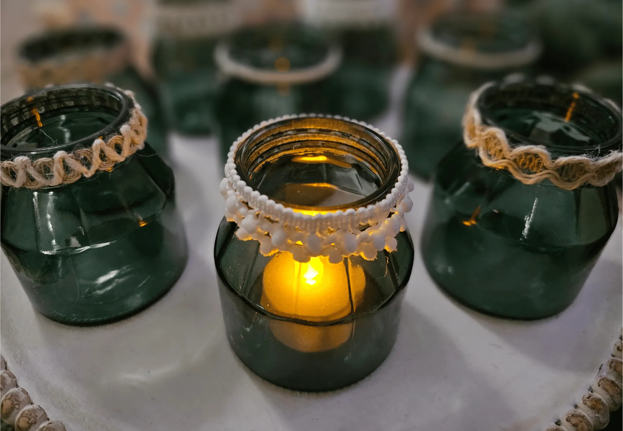 Set of 8 Emerald Green Jar Votives 