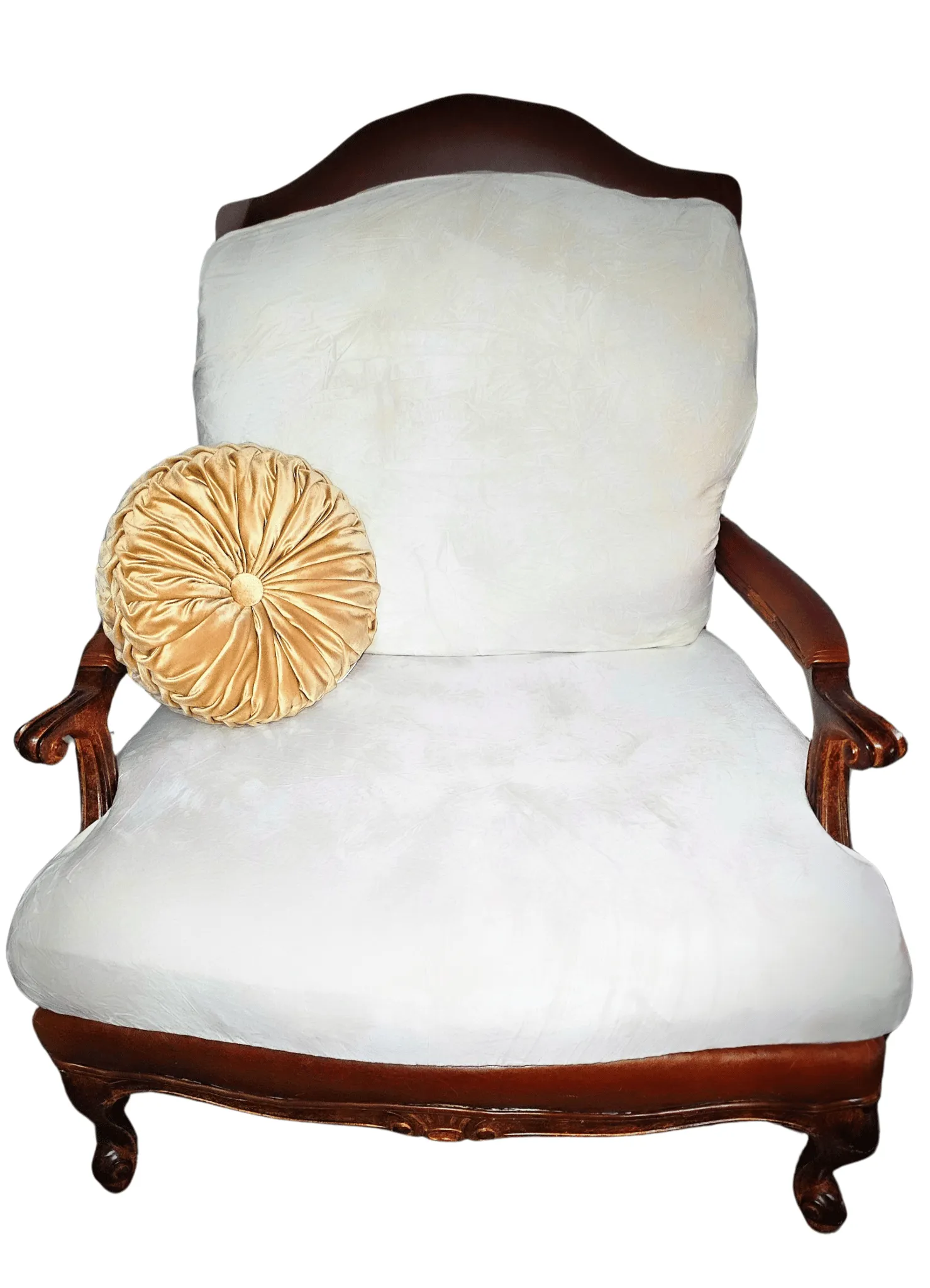 Huge Cream & Wood Antique Wesley Hall Statement Chair