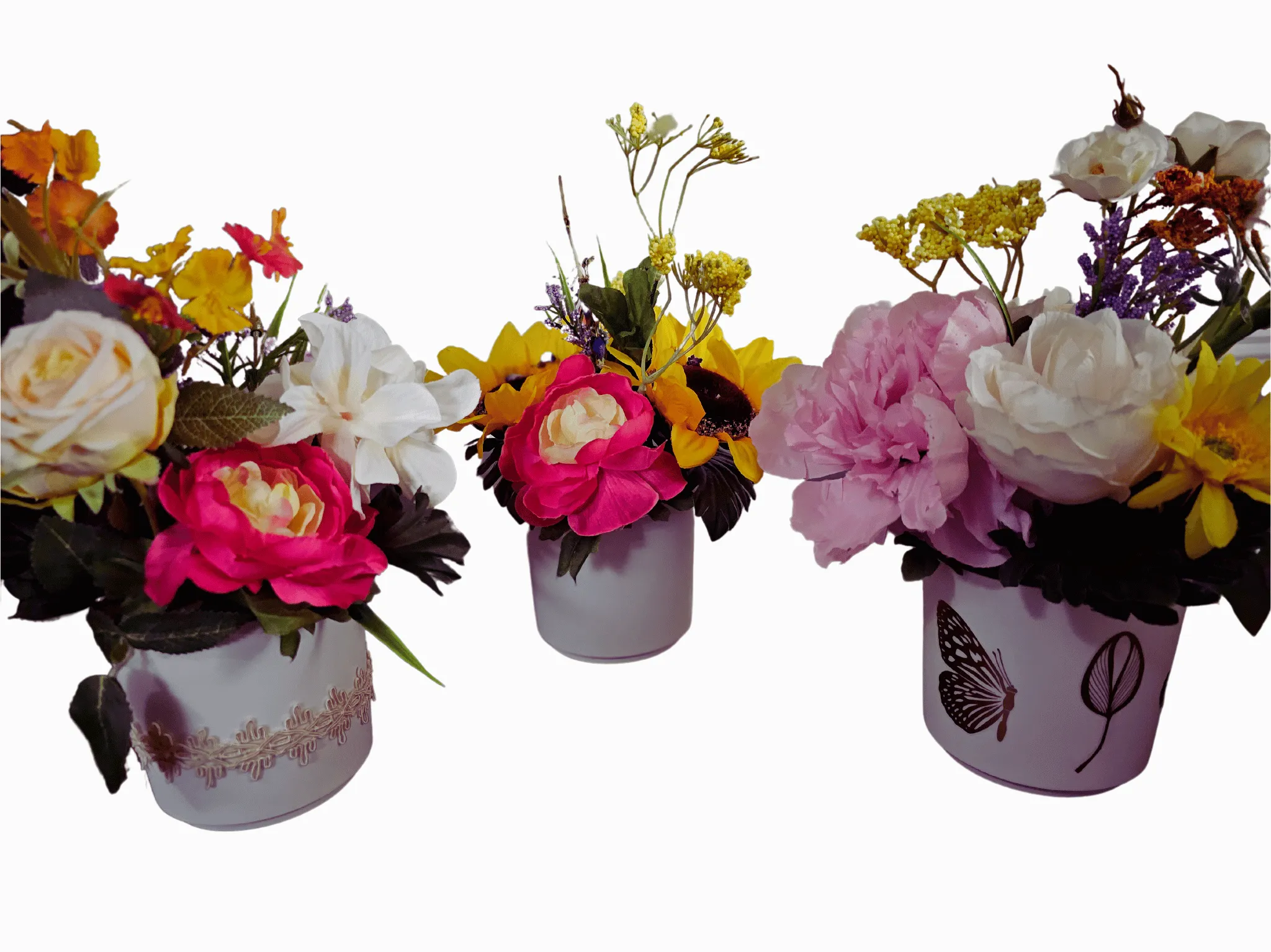 Happy Flower Bouquets in White Flower Pots Centerpiece