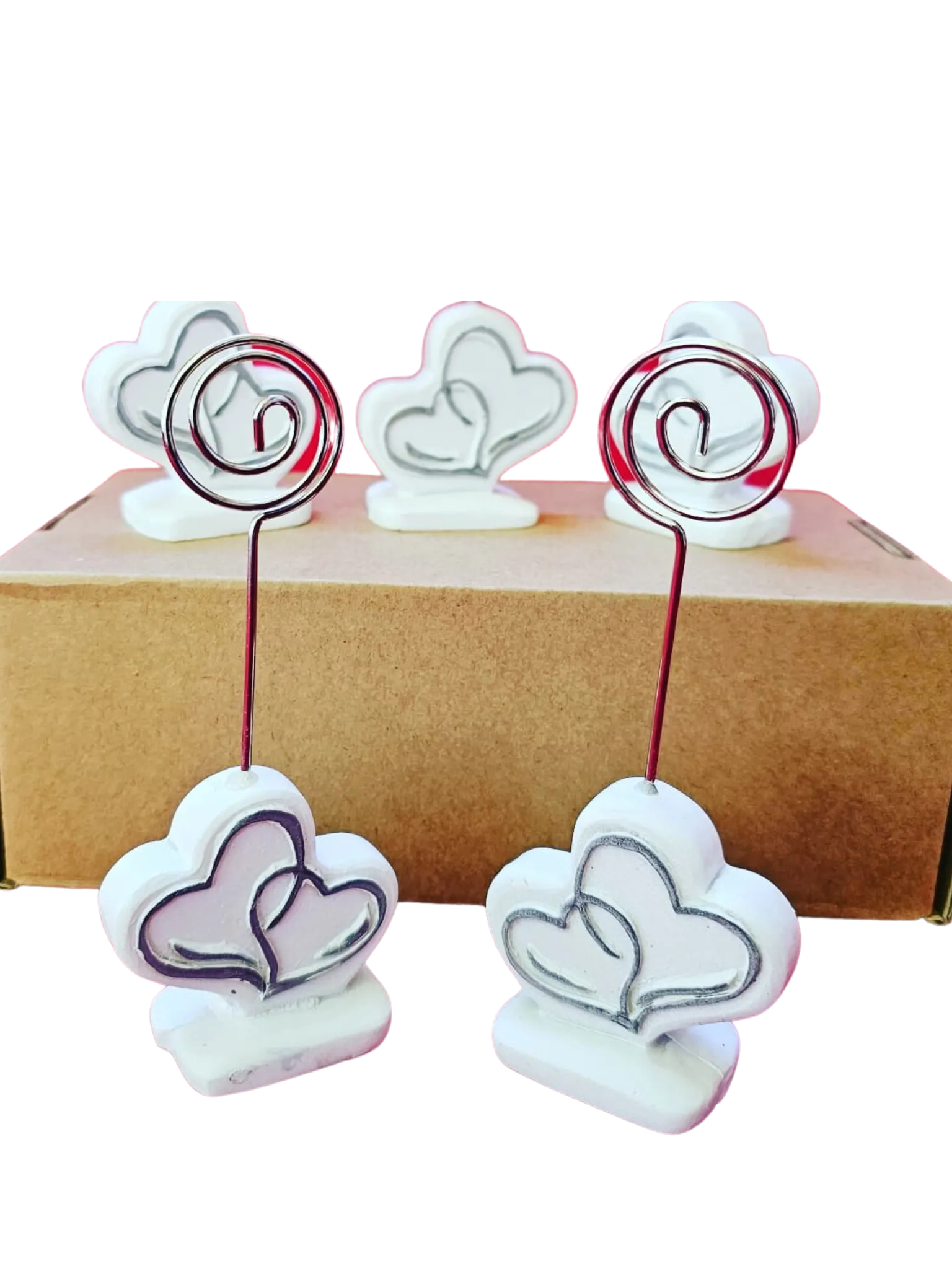 Set of 8 White & Silver Double Heart Placecard Holder