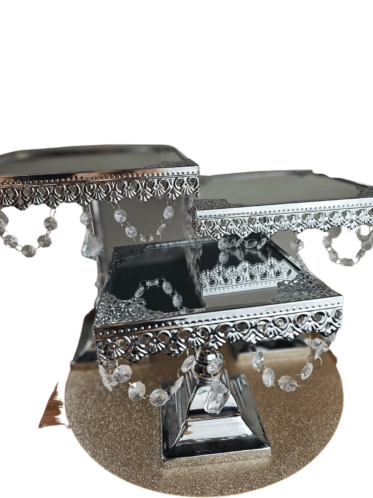 3 Tier Leveled Mirror and Silver Tray Set 