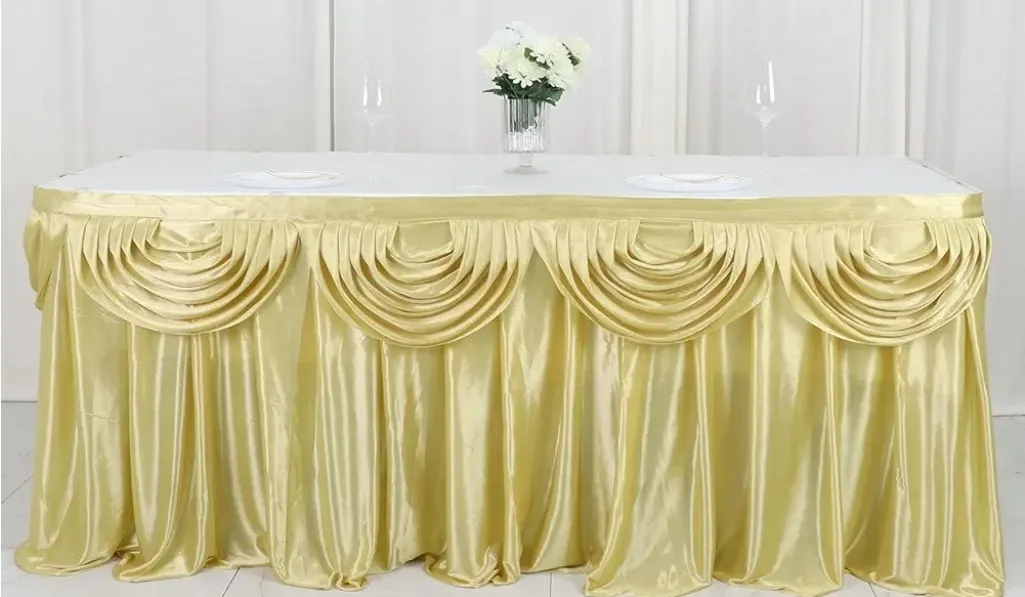14' Champagne Satin Double Drape Table Skirt 