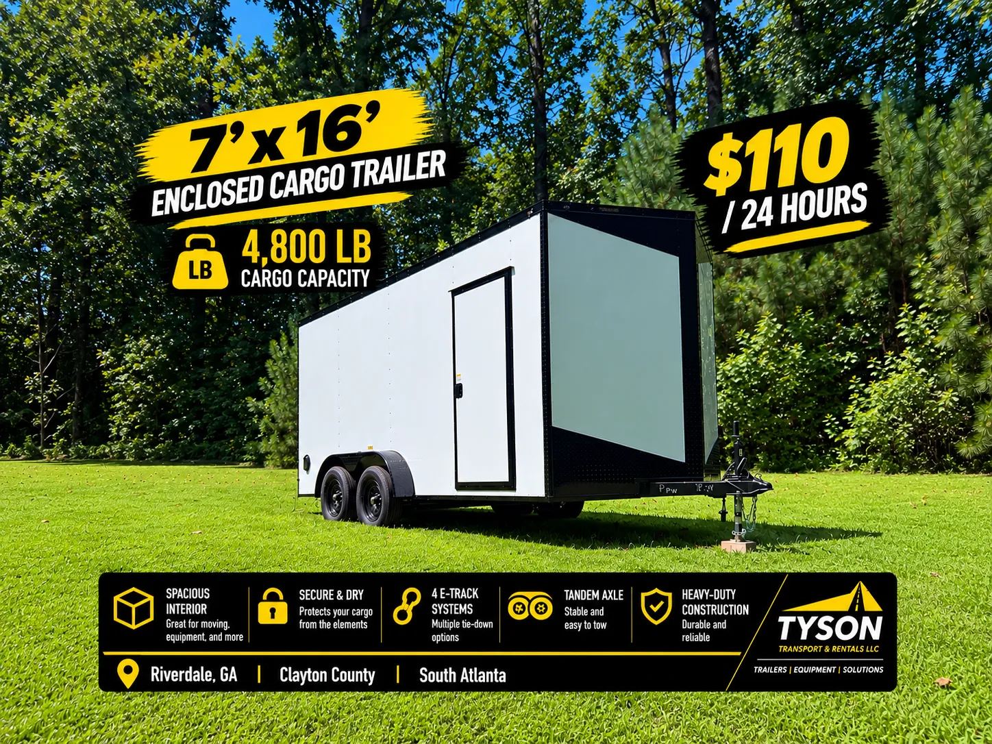 7x16ft Enclosed Trailer For Rent In Riverdale, GA | w/ E-tracks & Straps