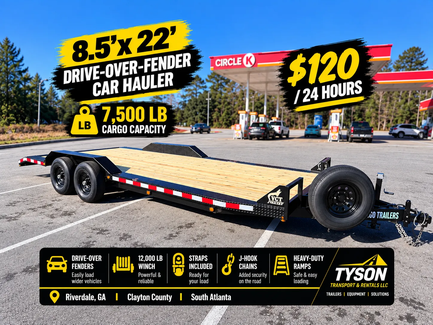 8.5x22ft Car Hauler Trailer Rental In Riverdale, GA | Flatbed w/ Winch