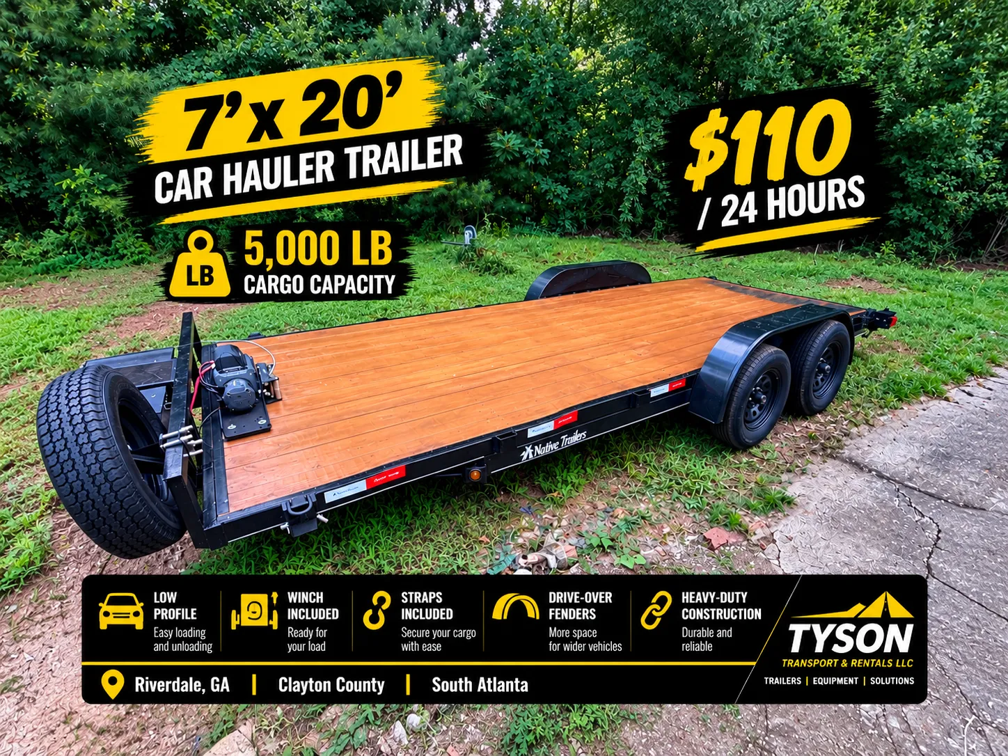 7x20ft Car Hauler Trailer Rental In Riverdale, GA | Flatbed w/ Winch