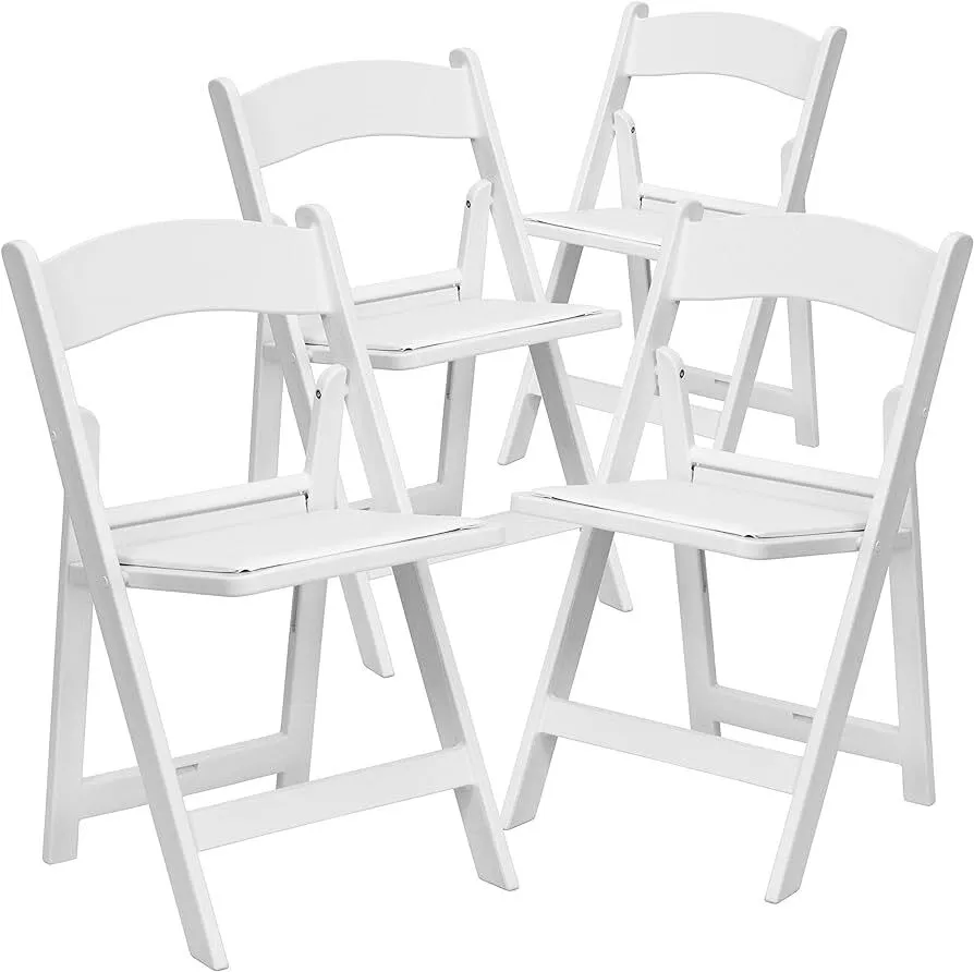White resin folding chairs with padded seat