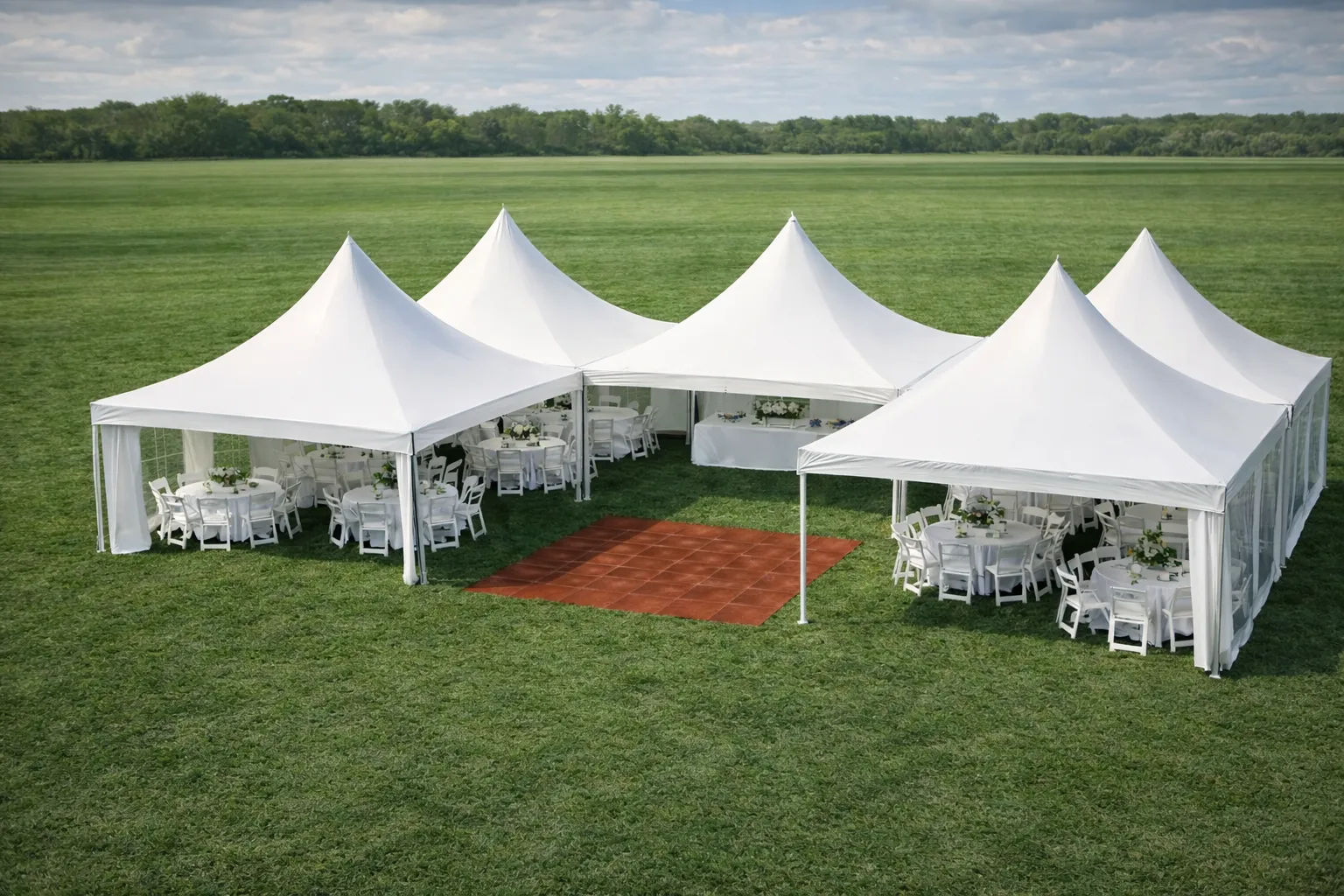 Wedding High-Peak Marquee Tent Package – 2,000 Sq Ft (Includes Tent, Tables & Seating for 160 Guests) Sidewalls, dance floor, lighting, and décor available for an additional fee and can be added during booking.