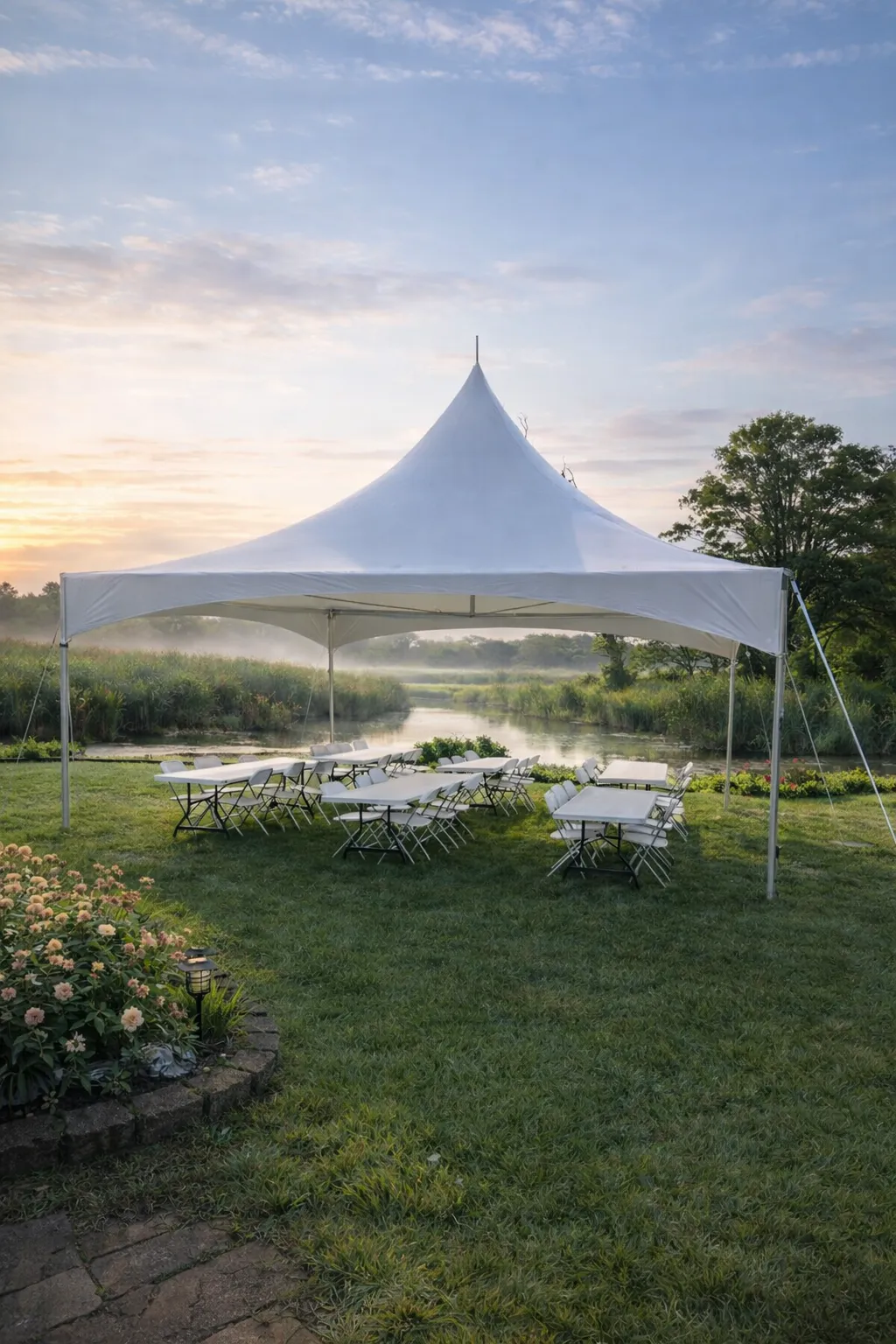 Wedding High-Peak Marquee Tent Package – 20×20 Ft (Includes Tent, Tables & Seating for 32 Guests) Sidewalls, dance floor, lighting, and décor available for an additional fee and can be added during booking.