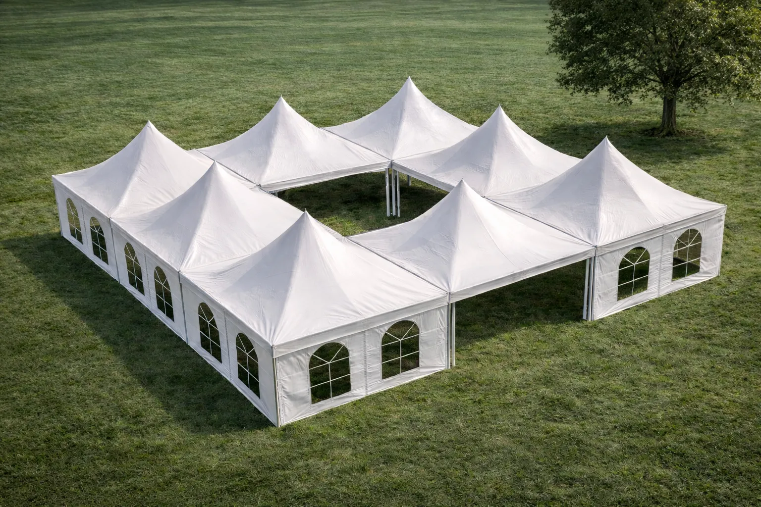 Wedding High-Peak Marquee Tent Package – 3,200 Sq Ft (Includes Tent, Tables & Seating for 200 Guests) Sidewalls, dance floor, lighting, and décor available for an additional fee and can be added during booking.