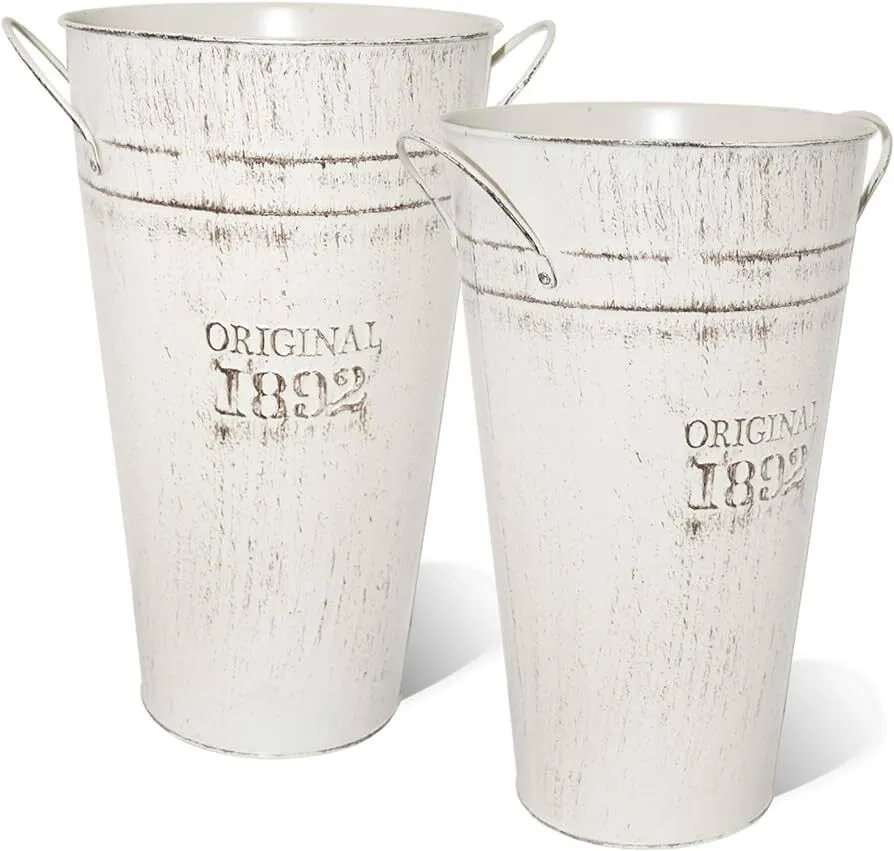 LESEN Metal Galvanized Flower Vase - Set of 2 - Farmhouse French Bucket