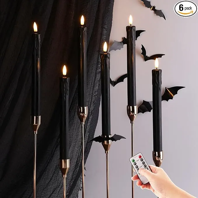 Eywamage Black Dripping Wax Flameless Taper Candles with Remote, Flickering Battery Powered Halloween LED Candlesticks Set of 6