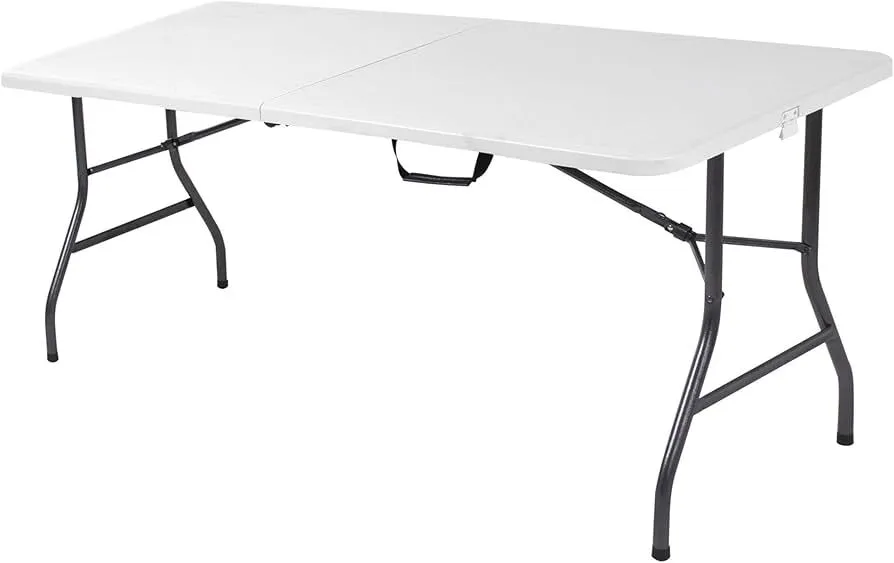 6ft Fold-in-Half Blow Molded Folding Table, Indoor/Outdoor, Comfort Handle, Lightweight Plastic Construction - White