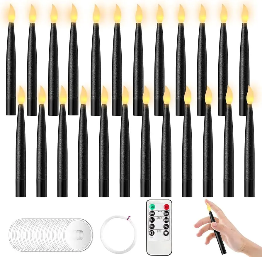 24Pcs Halloween Black Flameless Taper Candles - Battery Operated 2 AAA Long Decor for Table Decorations (No Remote)