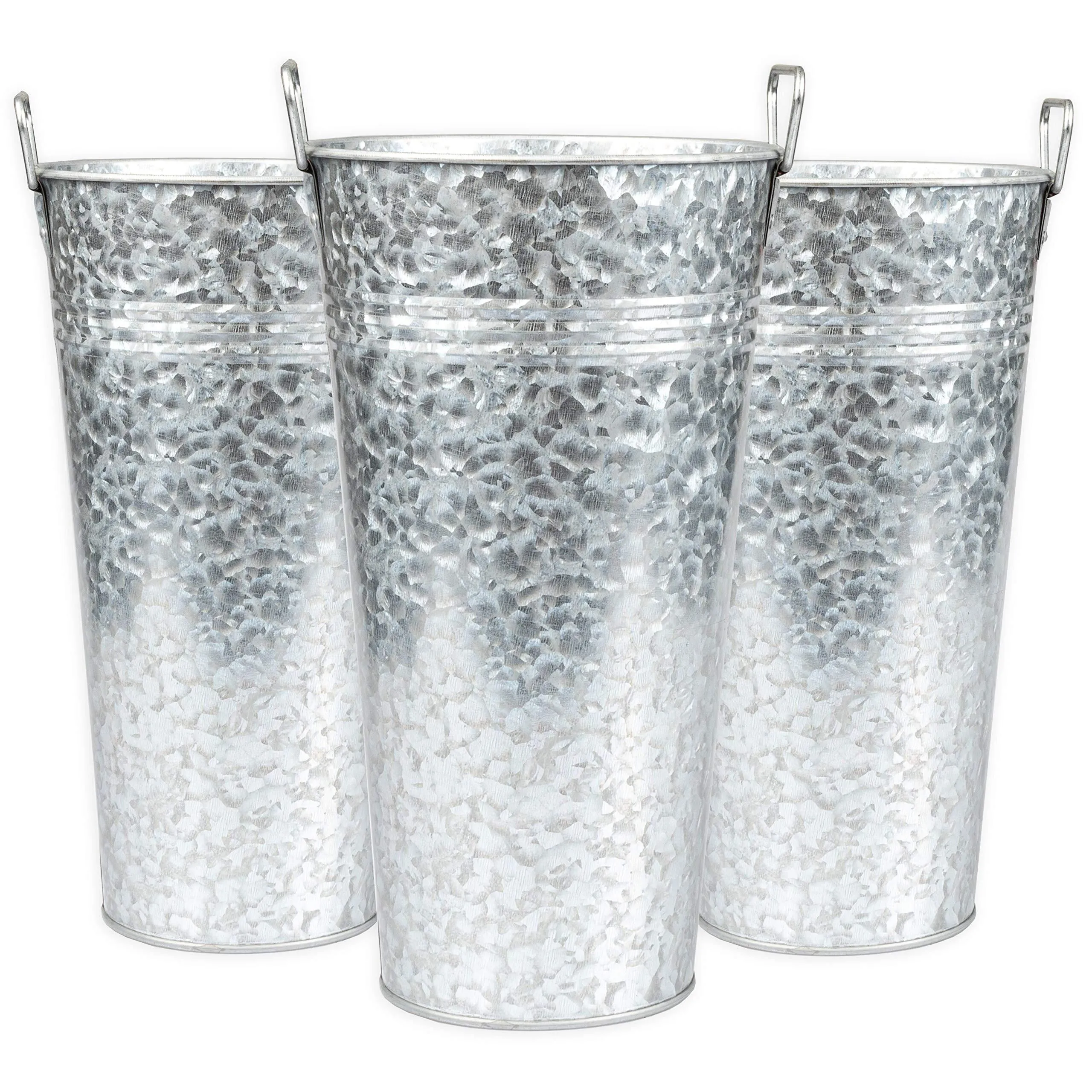 Rustic Metal 13 Inch Galvanized Flower Vase - Set of 2 - French Bucket - Farmhouse Style