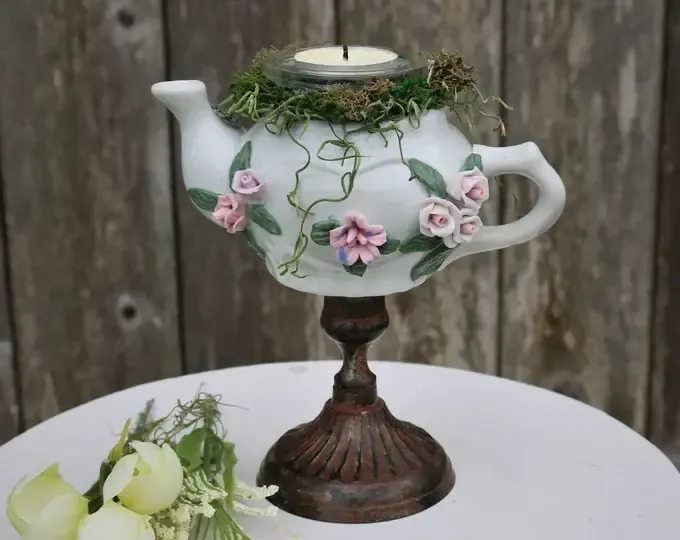 Miniature Teapot Candelabra/Alice in Wonderland Candlestick Decoration/Mad Hatter Tea Party Centerpiece/Fairy Garden Cottagecore Decor Prop