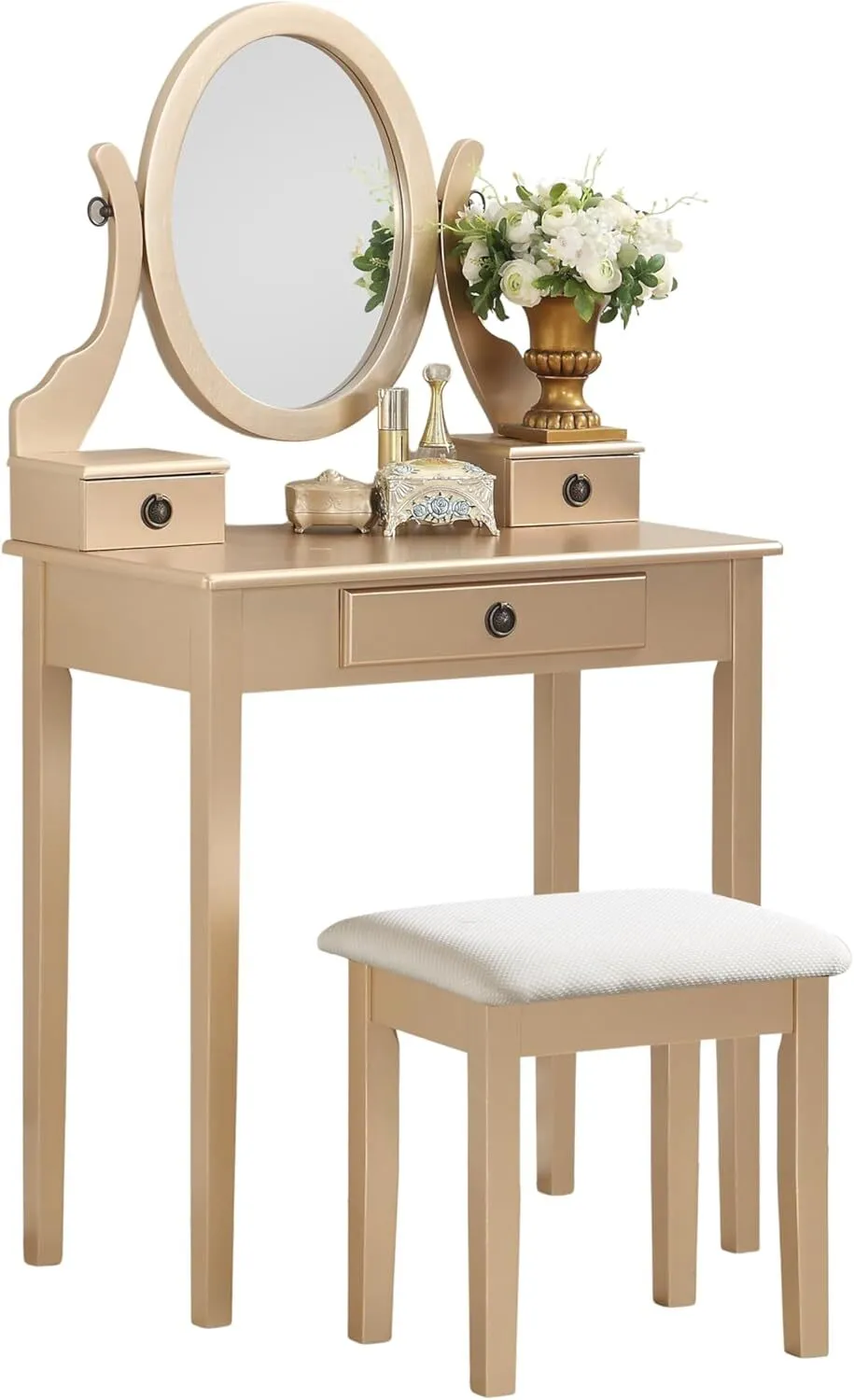 Makeup Vanity Table and Stool Set, Gold