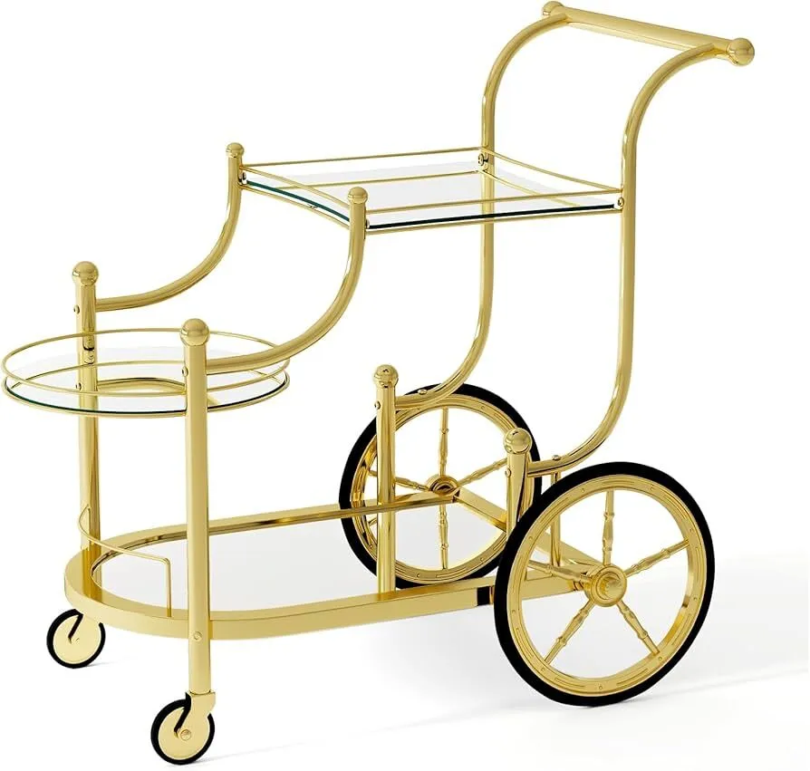 Rolling Bar Cart, Wine Tea Serving Cart with 3-Tier Shelf & 4 Wheels, Tempered Glass Bar and Serving Cart, Metal Kitchen Trolley for Home, Restaurant & Hotel,Gold