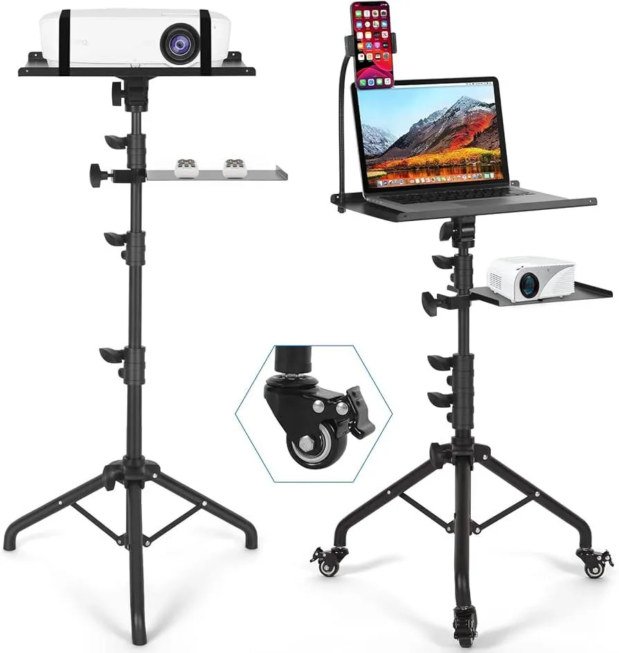 Laptop Tripod on Wheels with 2 Shelves, Portable Projector Floor Stand Adjustable Height 25.9 to 51.8 Inch