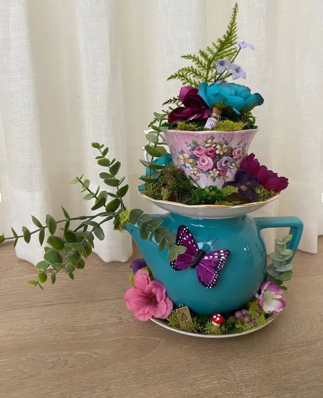 Alice in Wonderland Blue Stacked TeaPot Centerpiece 