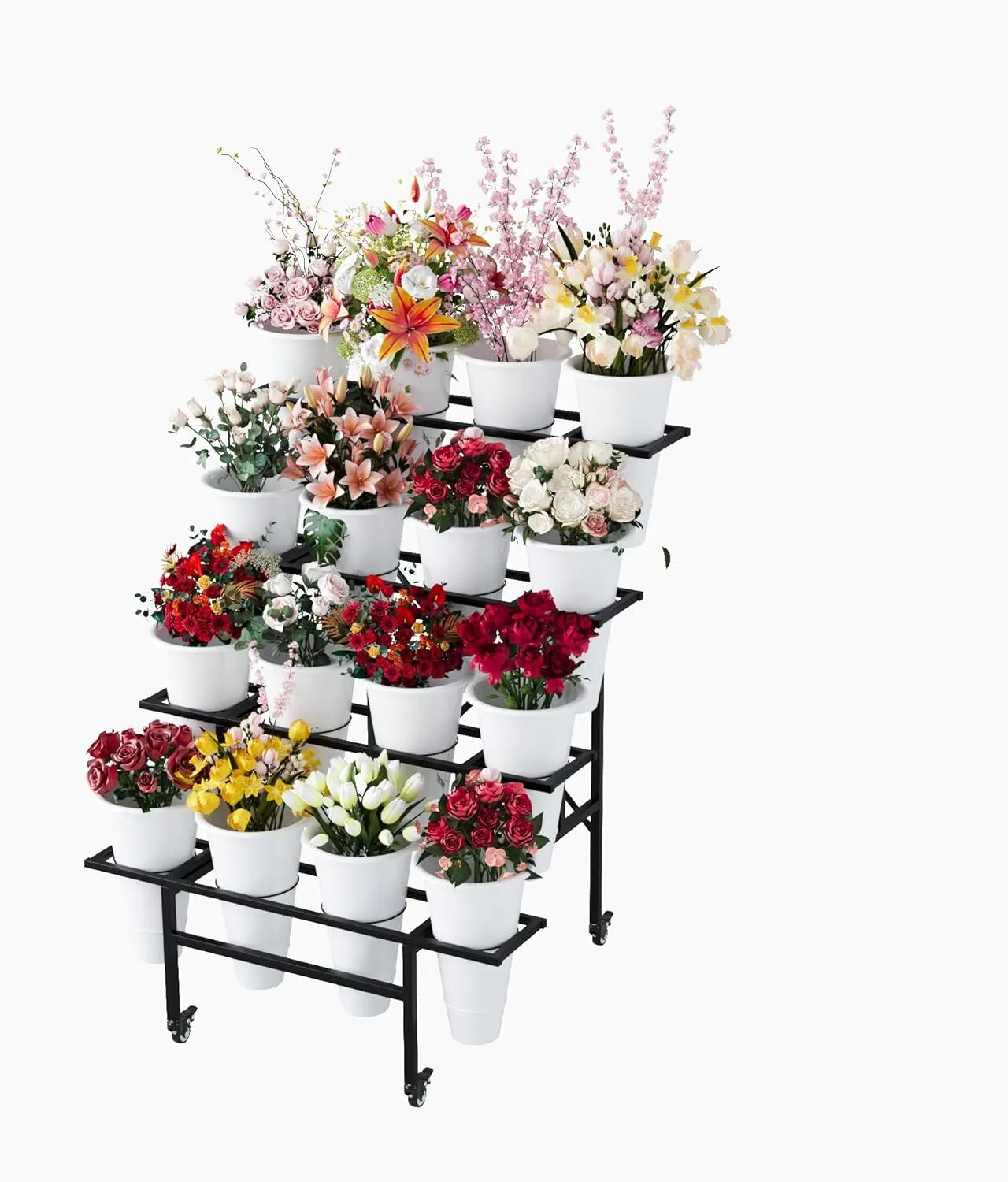 4 Tier Display Stand with 16pcs White Plastic Buckets for Fresh Flowers 