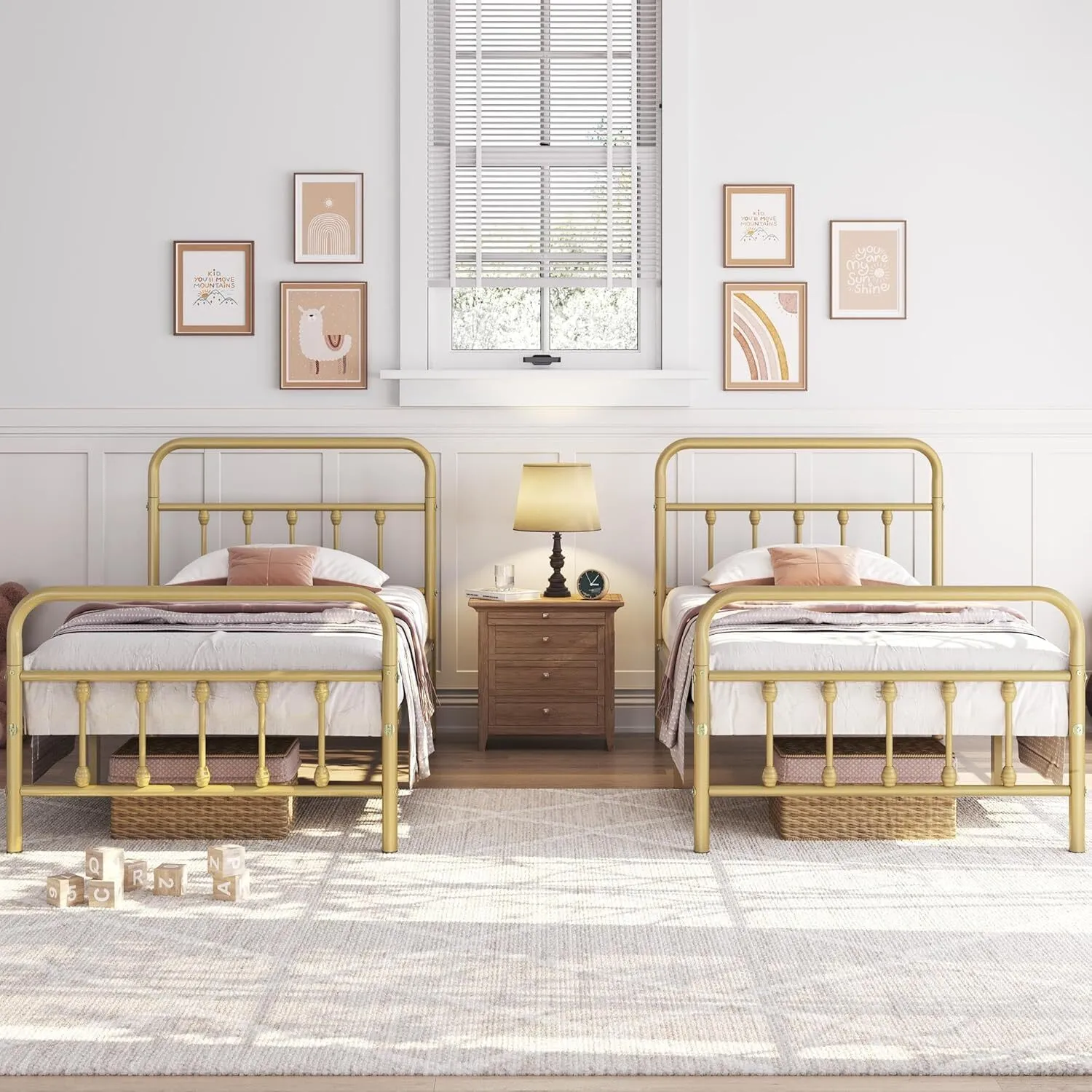 2Pcs Twin Size Metal Platform Bed Frame with Victorian Style Iron-Art Headboard