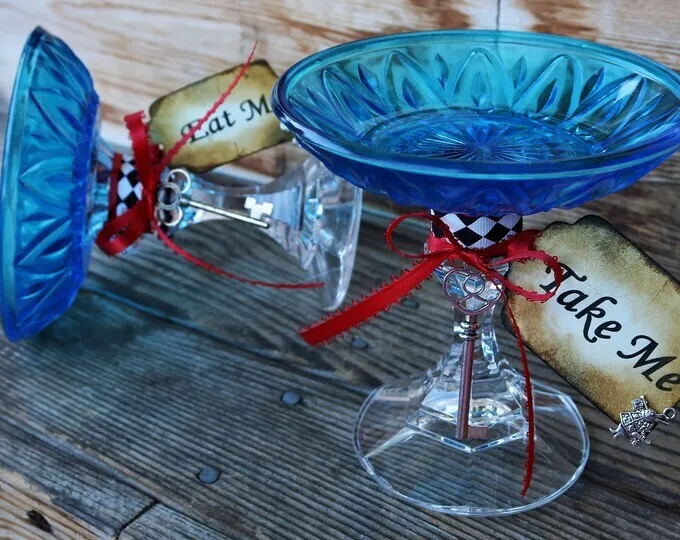 Alice in Wonderland Compote/Aqua Turquoise Dessert Cupcake Stand/Candy Dish/Eat Me Take Me/Mad Hatter Tea Party Decoration/Queen of Hearts