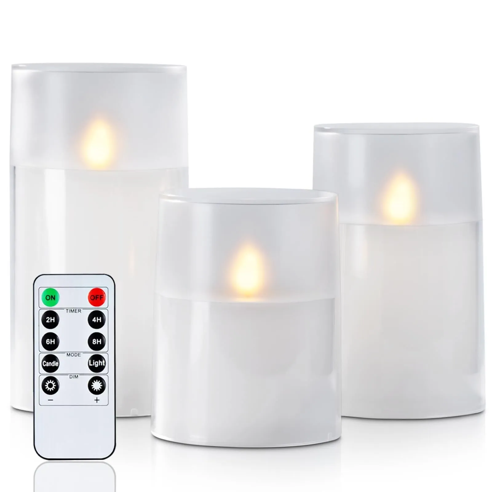 Homemory Upgraded Flickering Flameless Candles with Realistic Dancing Flame, LED Candles, Battery Operated Candles with Remote and Timers, Grey Acrylic, Outdoor Waterproof, Set of 3