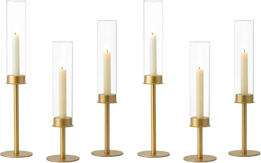 Hewory Gold Candle Holders Hurricane Candlestick Holders, 6Pcs Brass Candle Stick Candle Holder Candelabra, Taper Candle Holders with Glass Candle Cover for Wedding Table Centerpiece Christmas Decor