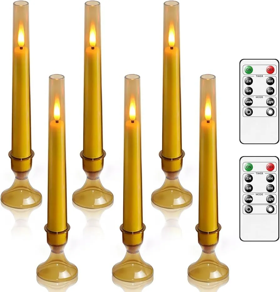 Flameless Taper Candles,with Remote and Timer Flickering Flameless Candles,6 Pack Led Candles,with Base Battery Operated Candles， Taper Candles for Home, Wedding, Party (Gold)