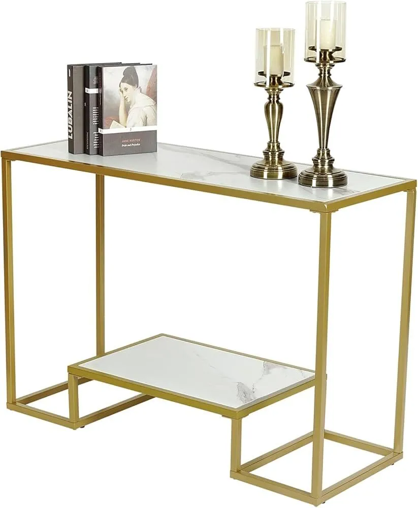 Gold Console Table, 43" Narrow Entryway Table, 2-Tier Behind Sofa Table Metal Decorative Entrance Table for Living Room Bedroom Hallway