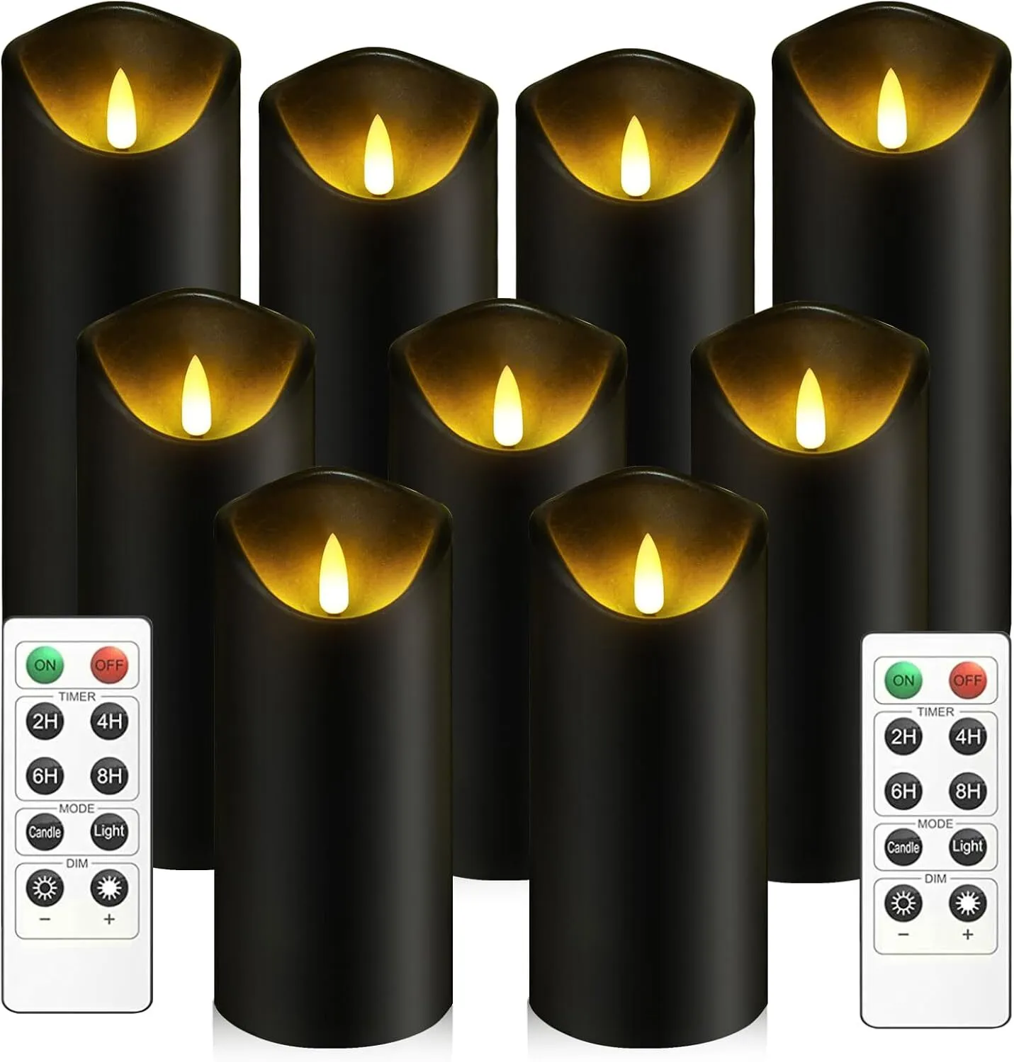 Flickering Flameless Candles, Battery Operated Acrylic LED Pillar Candles with Remote Control and Timer, Set of 9 (Black)