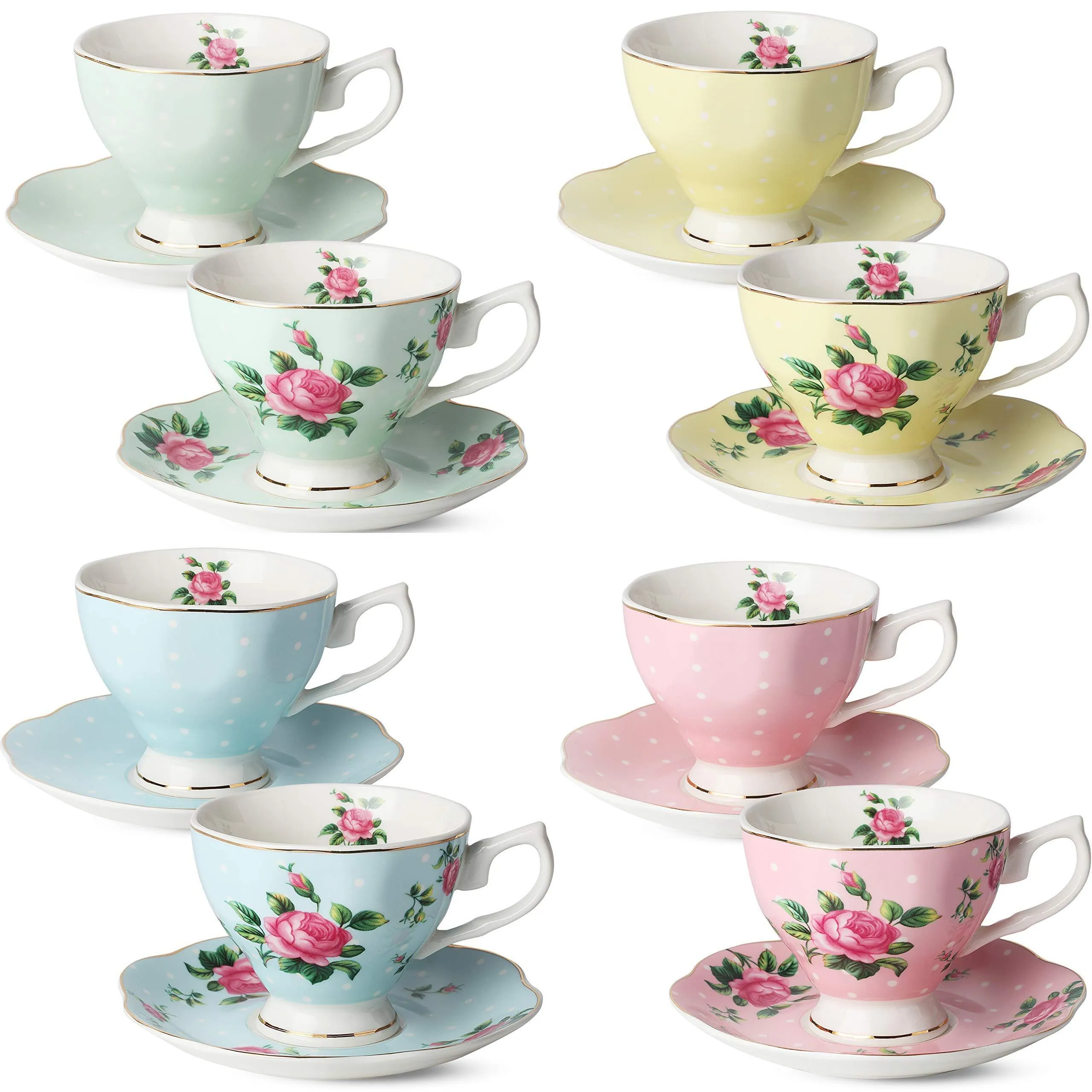 Floral Tea Cups and Saucers, Set of 8 