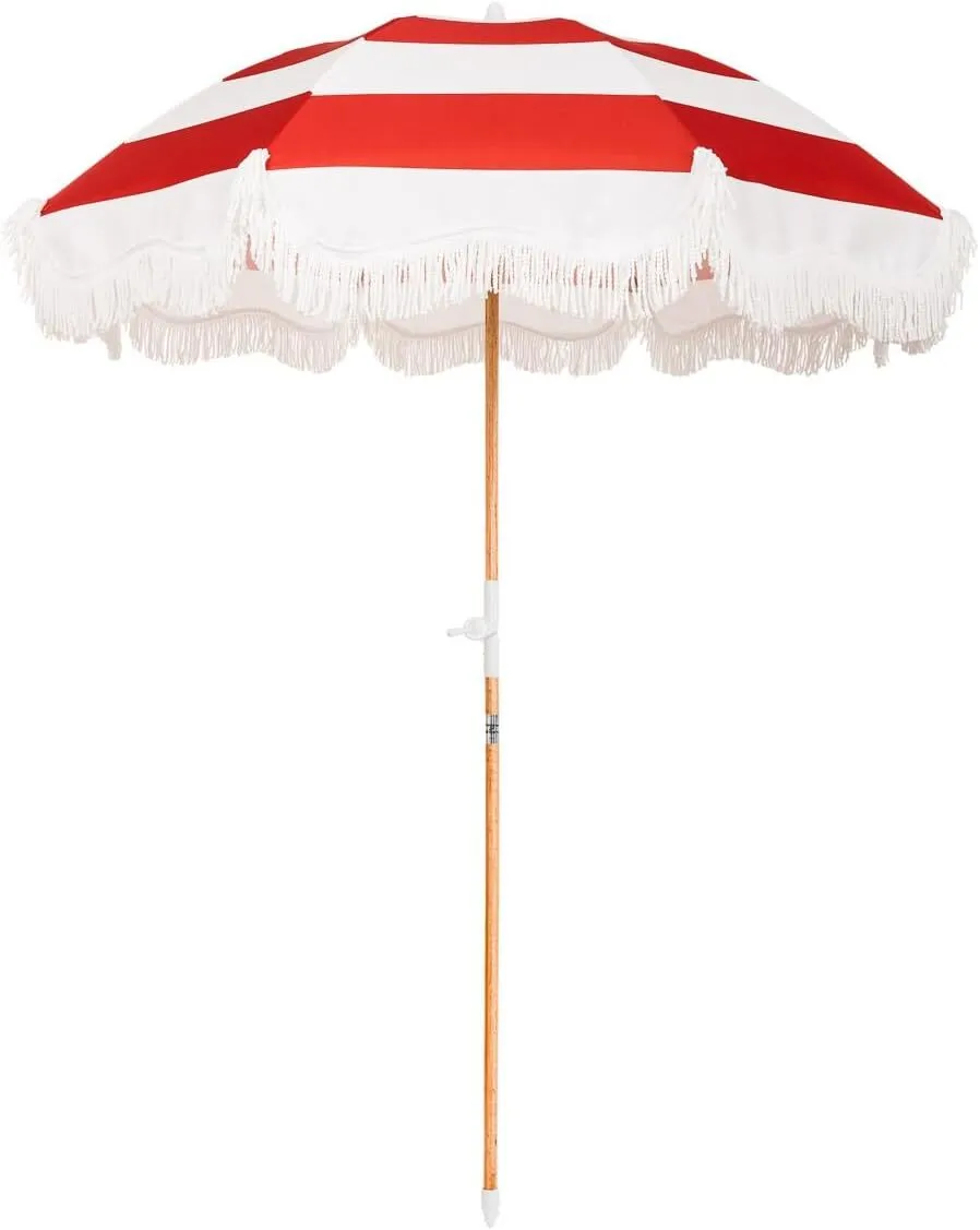Boho Beach Umbrella with White Fringe, UPF 50+, 1" Tilting Wood Pole, 5’ x 6.5