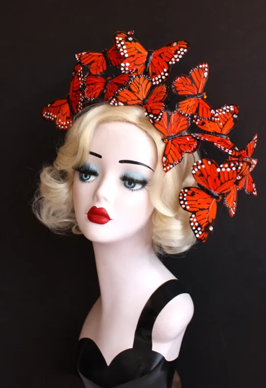 Large Orange Monarch Butterfly Cascading Headband with Swarovski Crystals