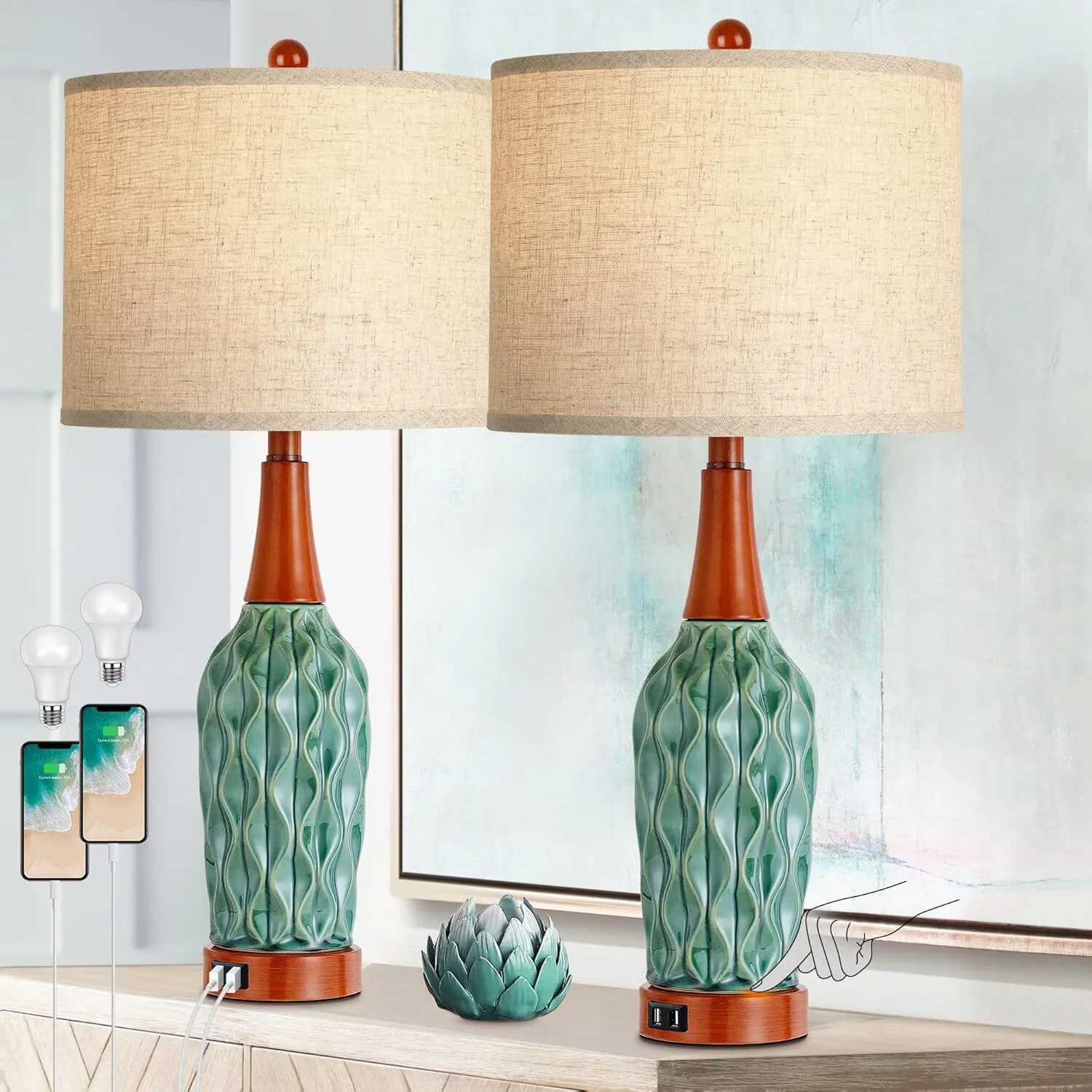 Vintage Table Lamps for Living Room Set of 2
