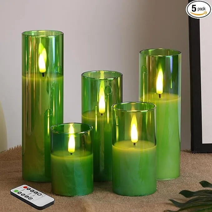 Green Glass Flameless Candles with Remote Batteries, Slim Tall Flickering Christmas LED Pillar Candles Set of 5