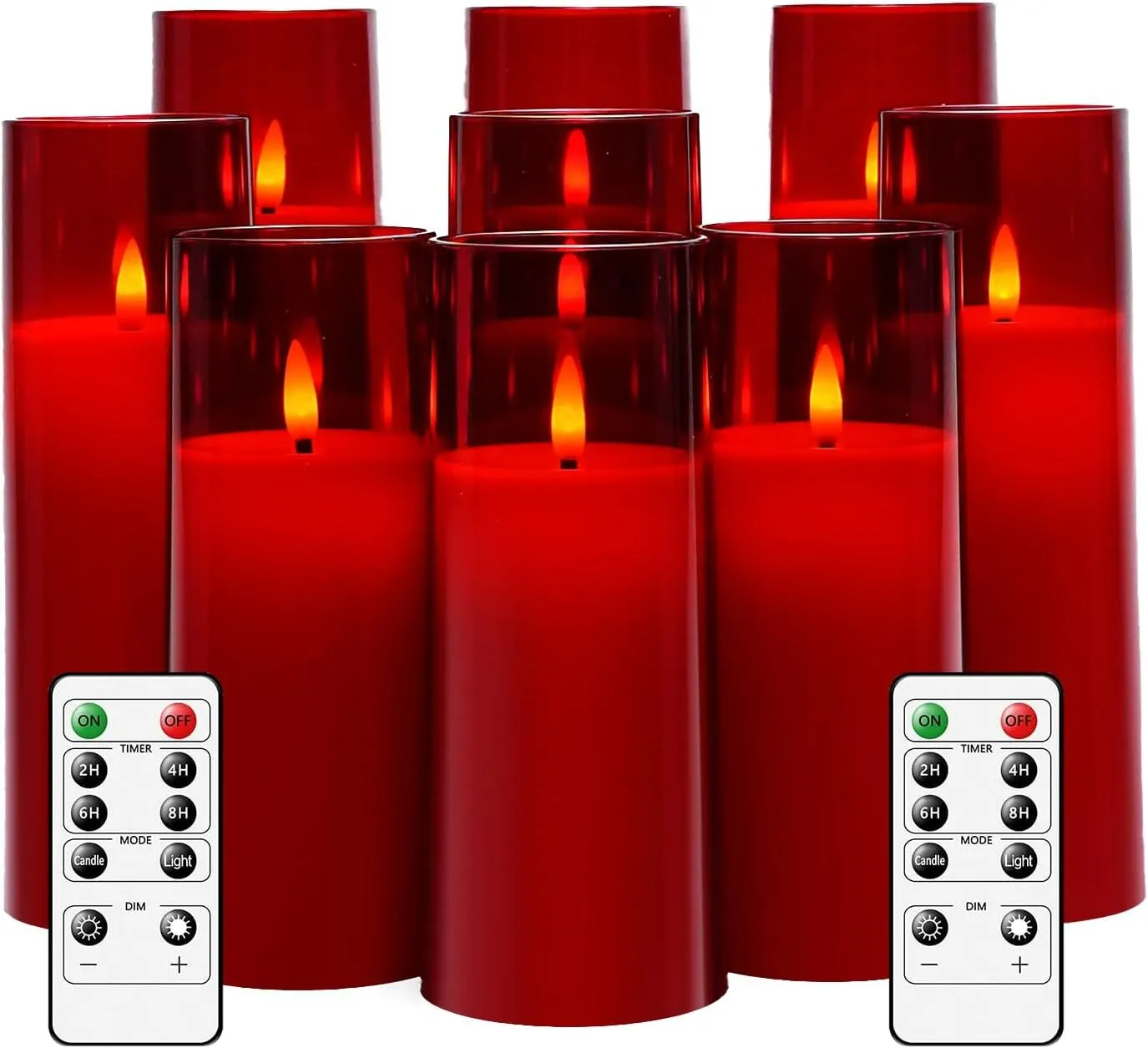 Flickering Flameless Candles Battery Operated with Remote and 2/4/6/8 H Timer Plexiglass Led Pillar Candles Pack of 9 (D2.3 xH 5" 6" 7") with Realistic Moving Wick Candles for Home Decor(Red)