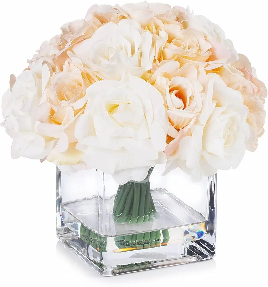 Enova Floral 18 Pieces Artificial Silk Roses Fake Flower Arrangement in Cube Glass Vase with Faux Water for Home Office Wedding Decoration (Red)