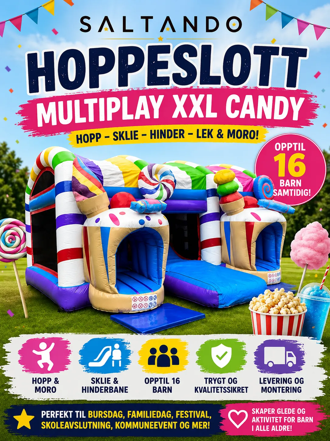 Hoppeslott med sklie – Multiplay XXL Candy (opptil 16 barn)